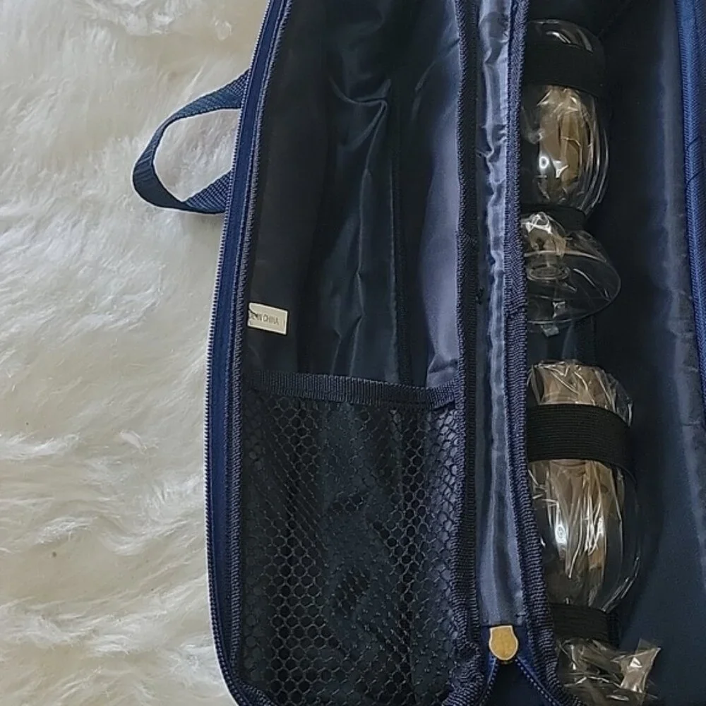 WINE PICNIC SET‎ FOR TWO NeW Navy Blue Insulated Shoulder Strap Zip Tote Bag
